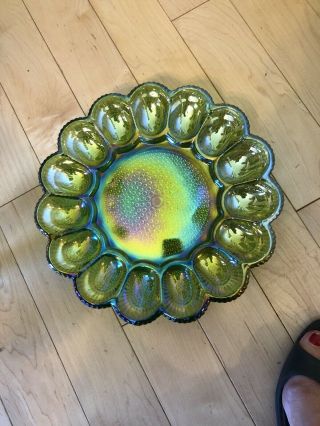 Vintage Fenton Green Iridescent Carnival Glass Hobnail Deviled Egg Platter Plate