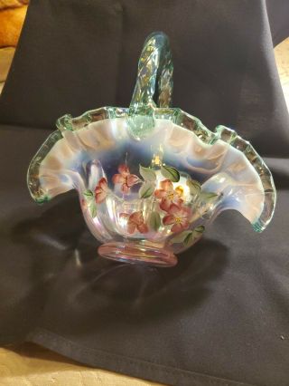 1990s Fenton Glass Green Hand Painted Basket,  Limited Edition 7 1/2 In