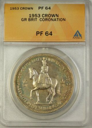 1953 Great Brit Crown Coronation 5 Shilling Coin Anacs Pf - 64 Light Toning