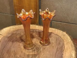 Vintage Fenton Orange Carnival Glass Vases Set Of Two