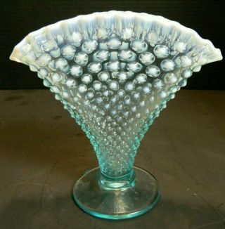 Vintage Fenton Blue Opalescent Hobnail 8 " Fan Vase Crimped Rim Cond