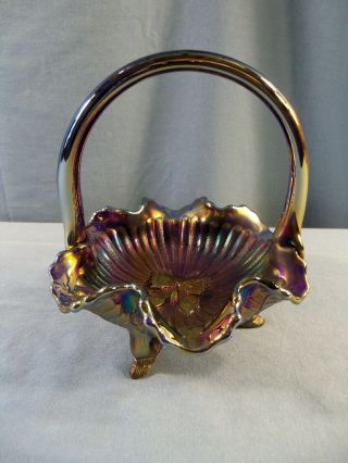 Fenton Blue Carnival Glass 3 Footed Basket W/ Embossed Butterfly In Center