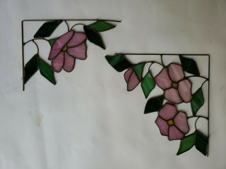 2 Vintage Leaded Stained Glass Flower Corner Window Sun Catcher Lovely Display