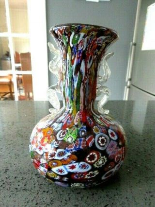 Murano Millefiori Glass Vase With Clear Leaf Handles