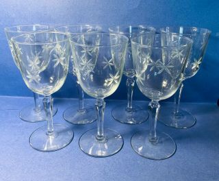 (7) Seven Star Burst Etched Wine/water Glasses Goblets Cut Glass Stems Vintage