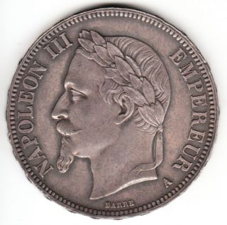 1868 - A France Napoleon Iii Five 5 Francs Silver Coin.  Km 799.  1
