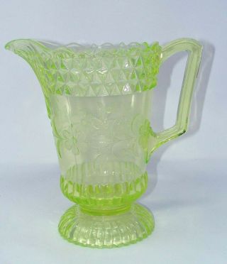 Vintage Pressed Glass Vaseline Footed Glass Pitcher Etched Flowers Wow