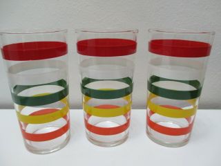 Vintage Anchor Hocking Glass Tumblers Set Of 3 Fiesta Stripes Bands 6 1/4 " Tall