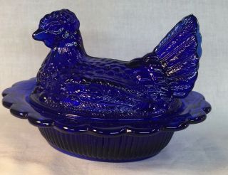 Mosser Art Glass Hen / Chicken On Nest Cobalt Blue