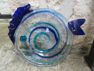 5 Hand Blown Glass Fish Plates W/ Cobalt Blue Fins Clear Glass W/blue/aqua Swirl