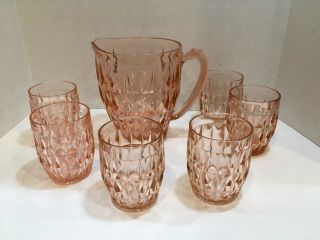Windsor Diamond Pink - 52 Oz.  Pitcher & 6 Tumblers By Jeannette 1936 - 46