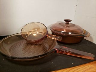 Corning Ware Vision Amber Glass 10 " Frying Pan,  1.  5 Qt Covered Dish, .  8l Sauce