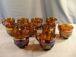 Set Of 10 Imperial Amber Carnival Glass Punch Cups W/ Embossed Rose Design