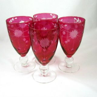 Etched Cranberry Ruby 4 Vintage Water Wine Goblets Ball Stem Cut To Clear