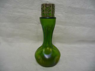 Art Nouveau Arts & Crafts Irridescent Green Glass Vase Silver Plated Collar 3