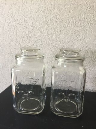 2 Anchor Hocking Clear Glass Ware Fleur De Lis Canister Kitchen Storage Jars