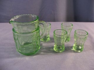 Mosser Green Glass Miniature Childs Cameo Ballerina Water Set Pitcher 4 Tumblers