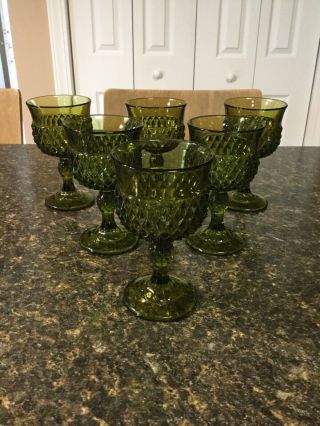 6 Vintage Indiana Glass Olive Green Diamond Point Wine Glasses/goblets 5 1/4”