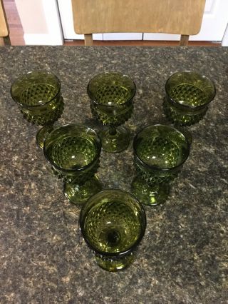 6 Vintage Indiana Glass Olive Green DIAMOND POINT Wine Glasses/Goblets 5 1/4” 2