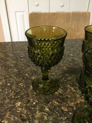 6 Vintage Indiana Glass Olive Green DIAMOND POINT Wine Glasses/Goblets 5 1/4” 3