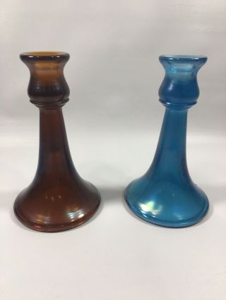 Vintage 7 " Carnival Stretch Glass Trumpet Candle Holders Rootbeer Brown & Blue