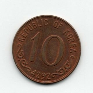 1959 4292 South Korea 10 Hwan Won Bronze Coin Red & Brown