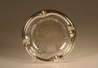 Vintage Glass Ash Tray With Heavy Silver Overlay Floral Patterning C.  1955