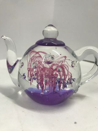 Art Glass Teapot Paperweight Dynasty Gallery Purple Pink Controlled Bubbles 3”