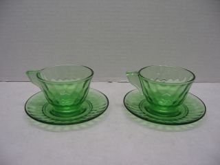Green Glass Block Optic Tea Cups And Saucers Solid Handle Set Of 2