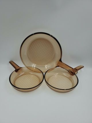 Set Of 3 Vintage Corning Vision Amber Glass Cookware 3 Skillets