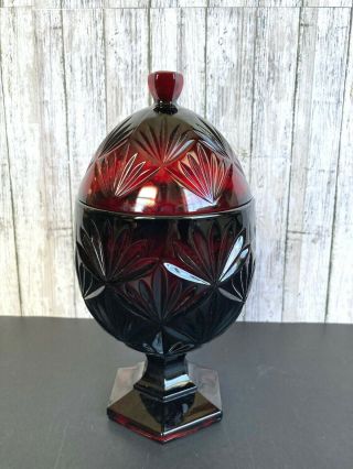 Vintage Ruby Red Cut Glass Egg Shaped Candy Apothecary Footed Jar With Lid 9 "