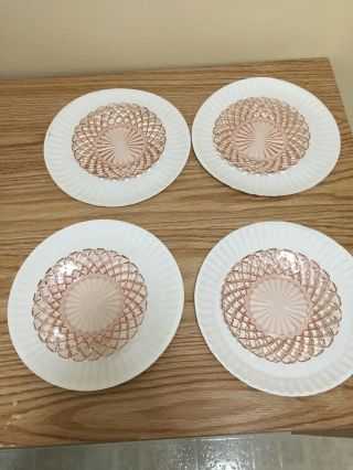 4 Pink Waterford Waffle Hocking Depression Glass 6 " Sherbet - Bread Butter Plate
