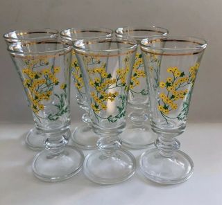 Set Of 6_vintage (?) Footed_stemmed_cordial Glasses_yellow Flowers_gold Rim