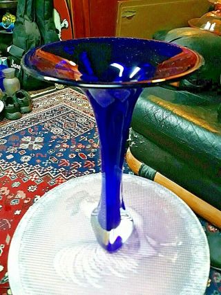 Vtg Studio Hand Crafted Cobalt Blue Trumpet Vase Signed & Dated Gorgeous