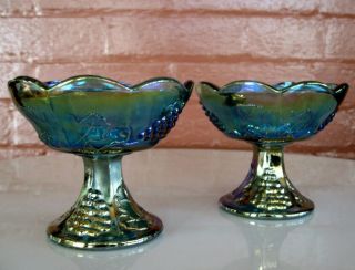 Indiana Glass 2 Blue Carnival Harvest Grape Footed Taper Candle Holders
