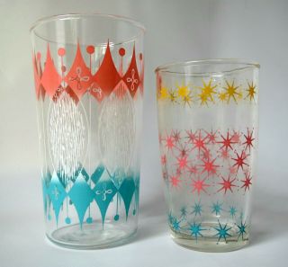 2 Vintage Mid Century Modern Turquoise Pink Starburst Drinking Glasses