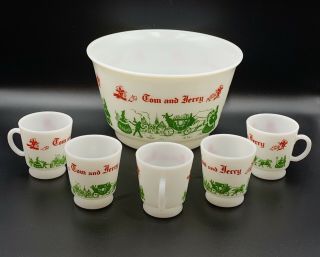 Vintage Hazel Atlas Milk Glass Tom & Jerry Holiday Punch Bowl W/5 Footed Cups
