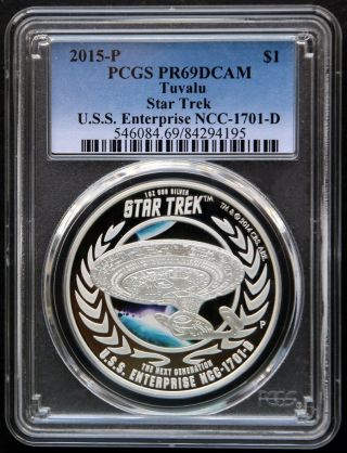 2015 P Tuvalu 1 Oz Silver Star Trek Uss Enterprise Ncc - 1701 D Pcgs Pr69,  Box