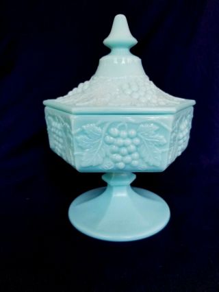 Vintage Turquoise Blue Milk Glass Footed Covered Candy Dish W/ Grape Motif