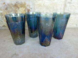 Indiana Iridescent Blue Harvest Grape Carnival Glass Set Of 4 Tumblers