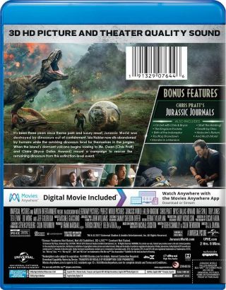 Jurassic World Fallen Kingdom 3D,  Blu - Ray,  Digital 2019 with Slip Cover 3