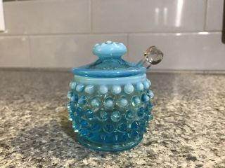 Fenton Blue Opalescent Glass Hobnail 3 Piece Jam Set - Jar Lid Ladle Relish