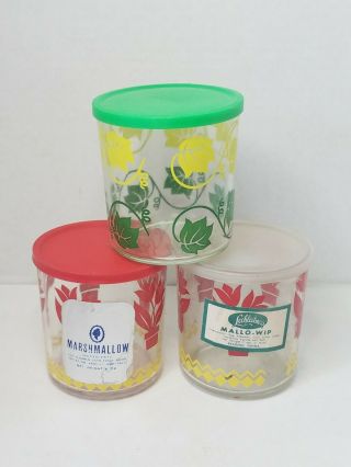 3 Vintage Hazel Atlas Glass Sour Cream Jars With Lids Red Tulip Green Yellow Ivy