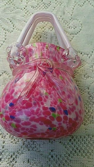 Nwt Catherine Pink Encased Glass Hand Blown Purse Vase With Clear Trim