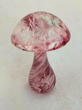 Heron Glass Large Cranberry Swirl Mushroom With Pewter Butterfly - Hand Made Uk