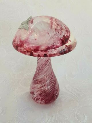 Heron Glass large Cranberry Swirl Mushroom with Pewter Butterfly - Hand made UK 2
