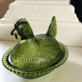 Vintage Indiana Glass Green Glass Hen on Nest Covered Dish Beaded Edge 2