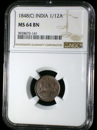 British East India Company 1848 C 1/12 Anna Ngc Ms - 64 Scarce Key Date