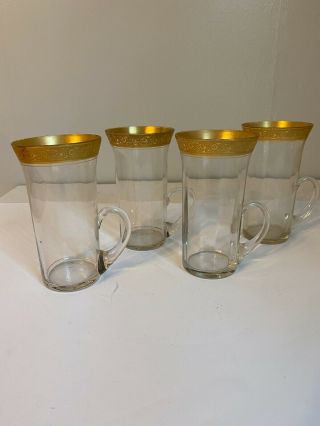 Set Of 4 Crystal Glass Irish Coffee Mugs Cups With 24k Gold Edging Guc D37