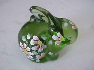 Fenton Art Glass Green Rabbit Bunny Figurine W/ Hand Painted Flowers Signed